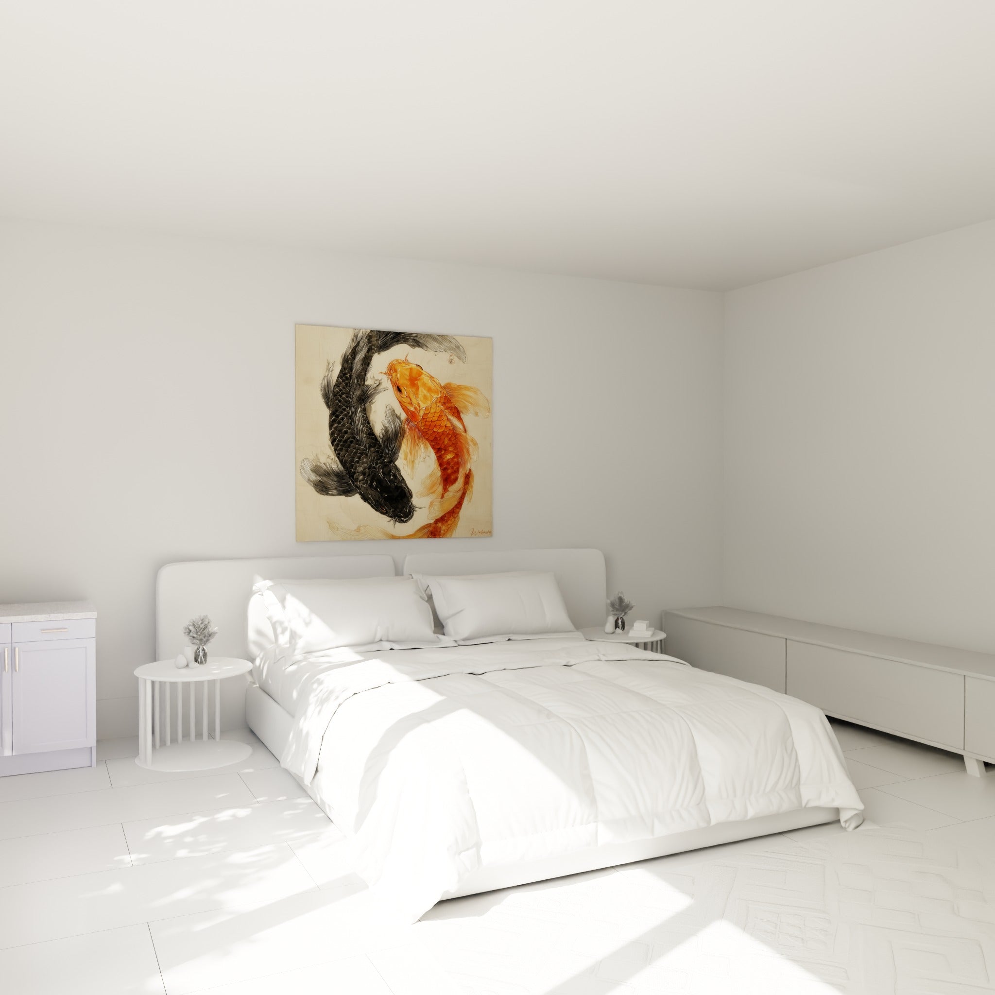 Carpes Koï noire et orange en spirale symbolique accrochées au-dessus d'un lit dans une chambre claire