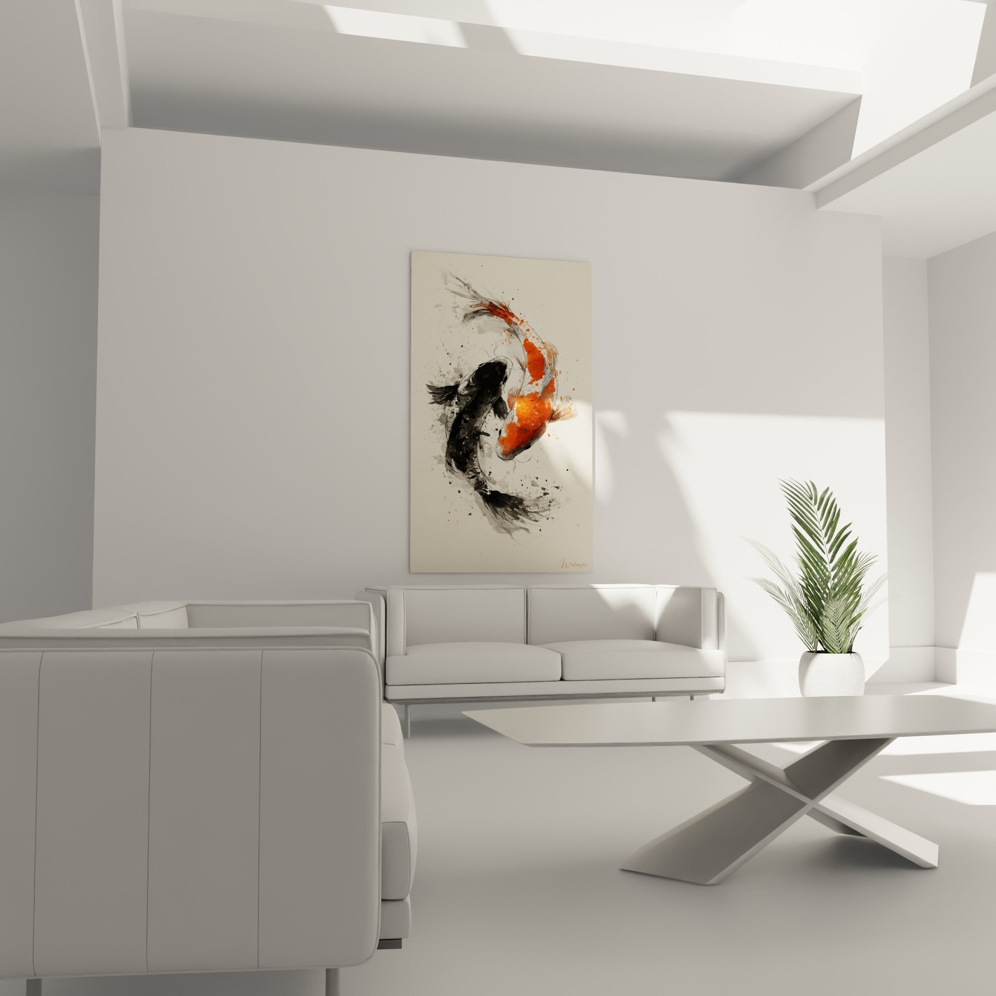 Poissons Koi orange vif et noir profond en mouvement circulaire, au-dessus d'un canapé dans un salon lumineux