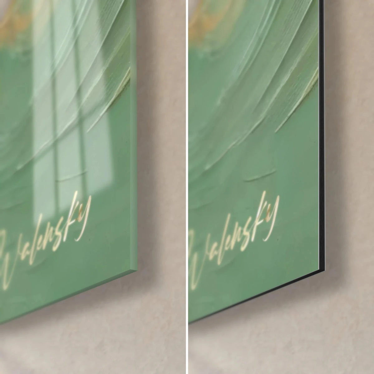 Wall art orange koi, bottom right corner: glossy mint green acrylic glass on the left, matte black Dibond on the right, golden signature visible