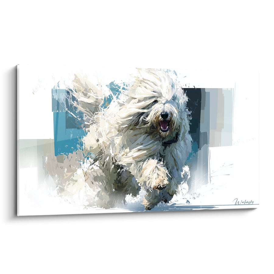 White Dog Painting in Dynamic Movement - Pure Energy - Komondor Edition