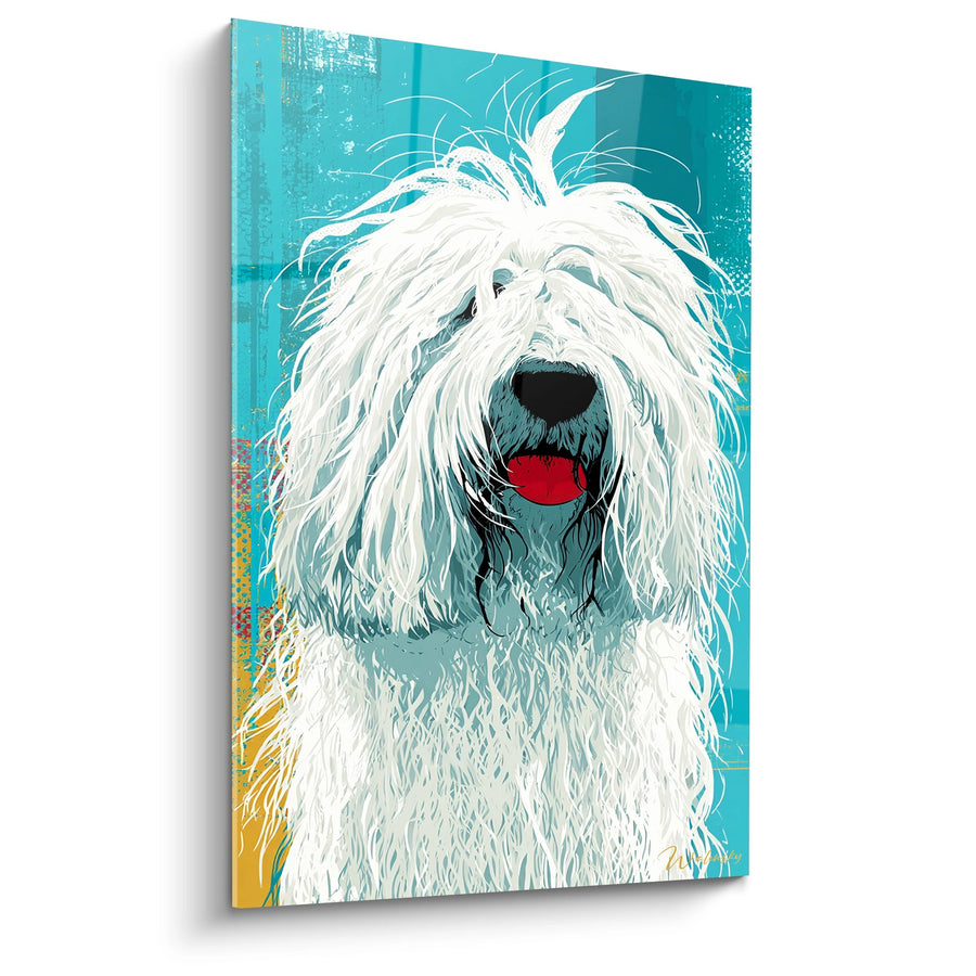 White Curly-Haired Dog Wall Art on Turquoise Background - Artistic Portrait - Komondor Edition