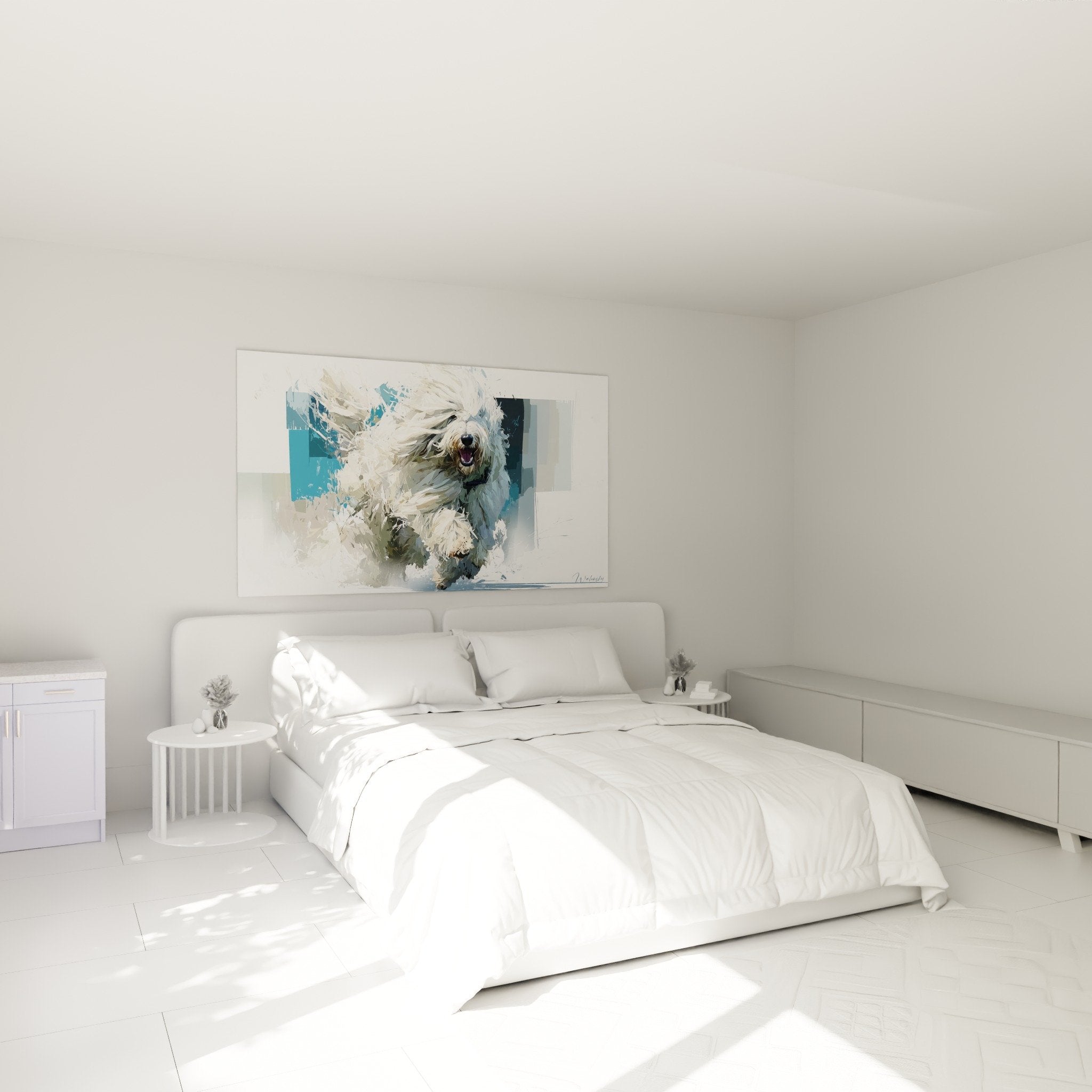 Tableau Komondor dynamique accroche au mur chambre moderne decoration murale chien blanc bleu turquoise