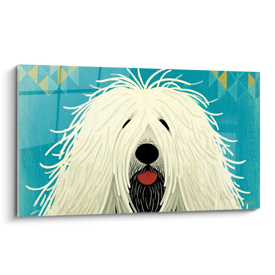 Dog Painting with Curly White Coat on Geometric Turquoise Background - Cord Shepherd - Komondor Edition