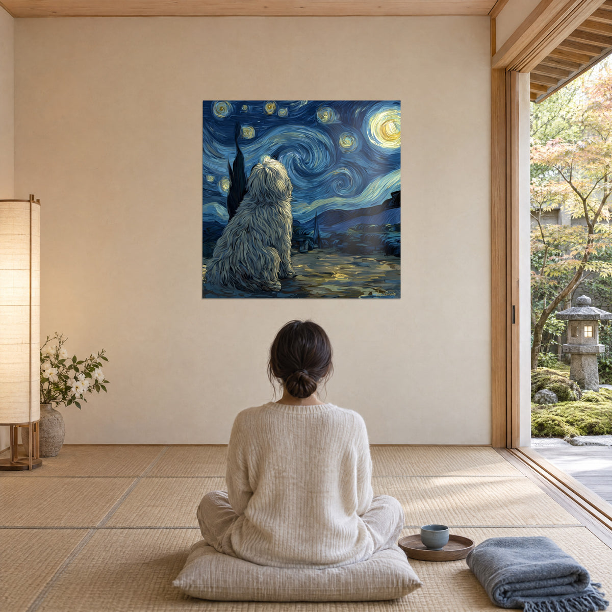 Cuadro de un komondor soñador frente a un pueblo dormido, cielo azul real y luna amarilla, frente a una mujer sentada en un cojín, sala zen