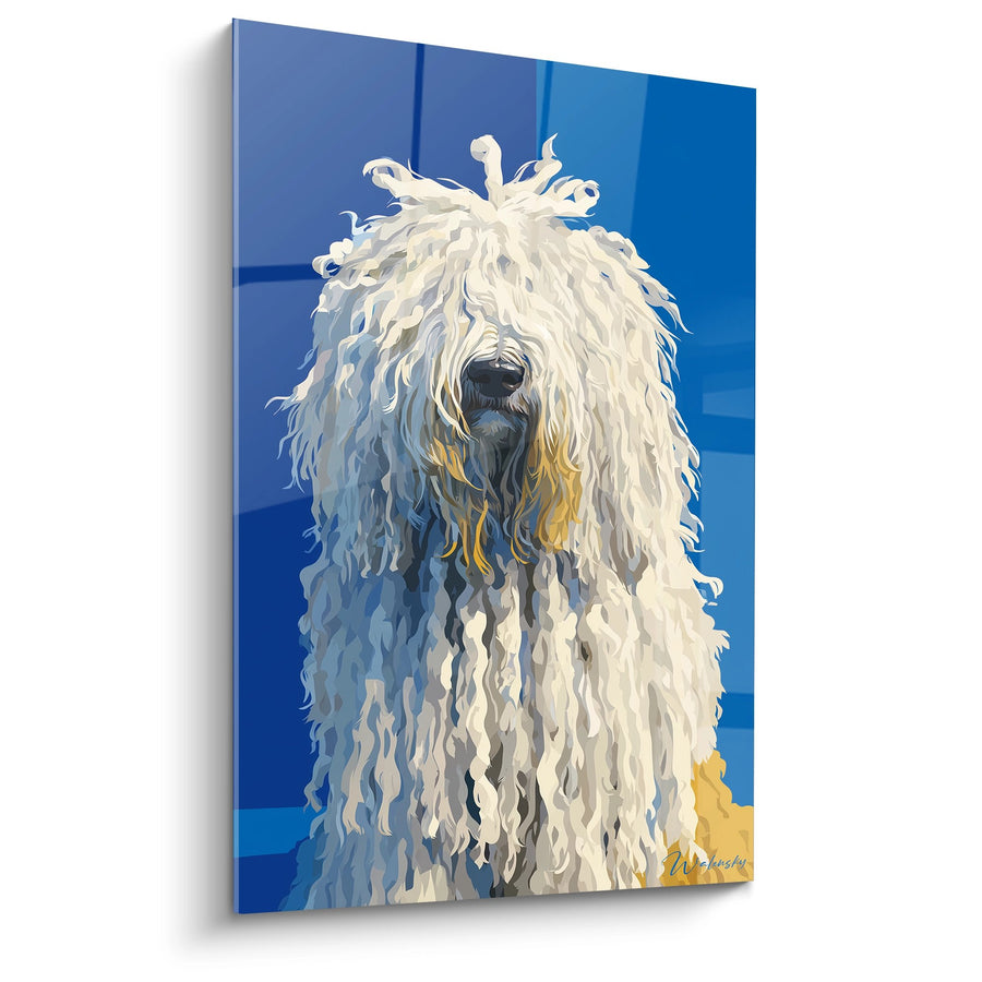 Long-Haired White Dog on Blue Background Canvas - Contemporary Canine Portrait - Komondor Edition