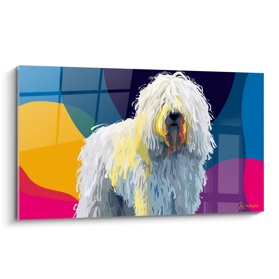 White Long-Haired Dog Painting on Colorful Geometric Background - Contemporary Expression - Komondor Edition