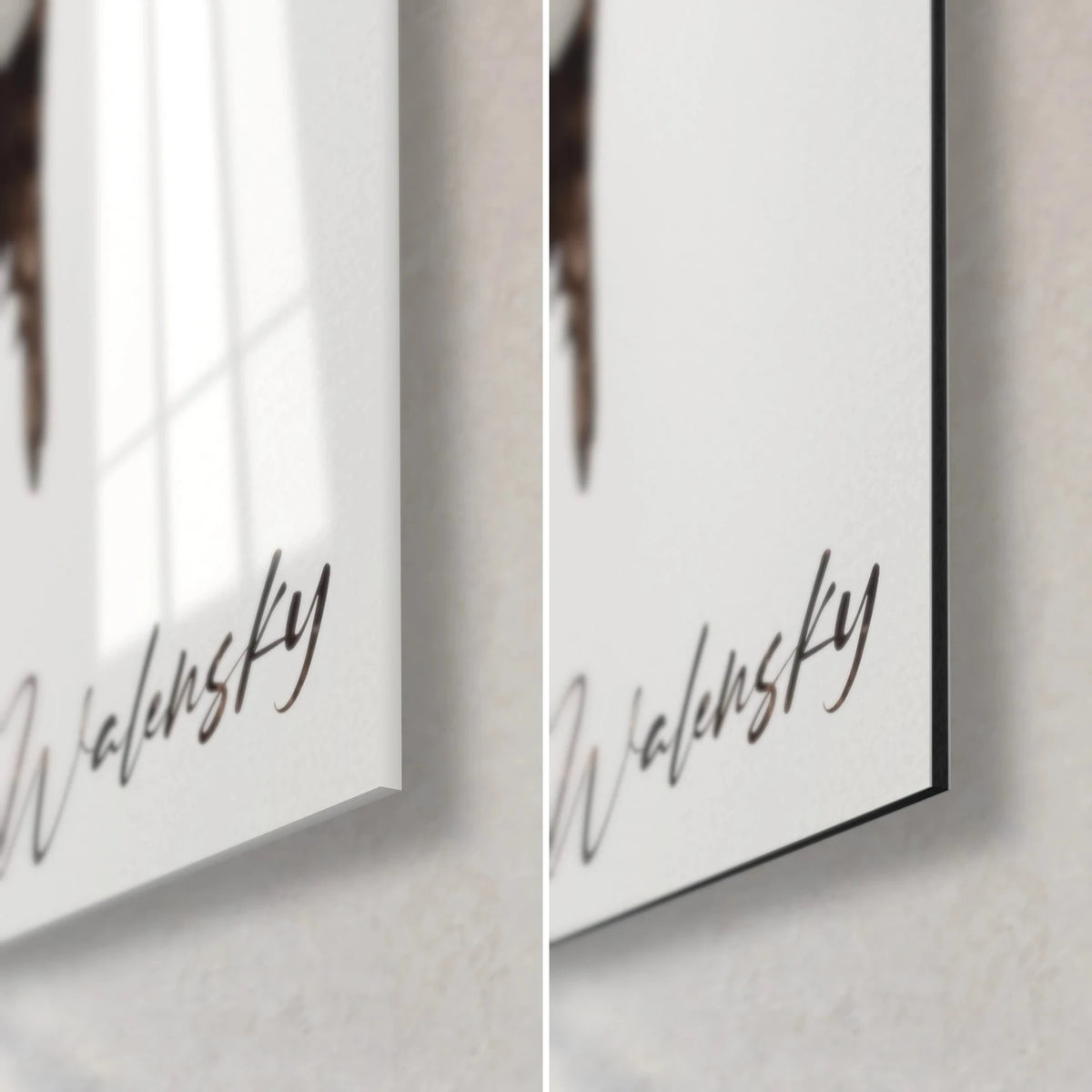 Gemälde Vogel auf weißem Hintergrund, Signatur Walensky unten rechts, glänzendes Acrylglas mit Spiegelung des Fensters und mattschwarzes Dibond-Aluminium