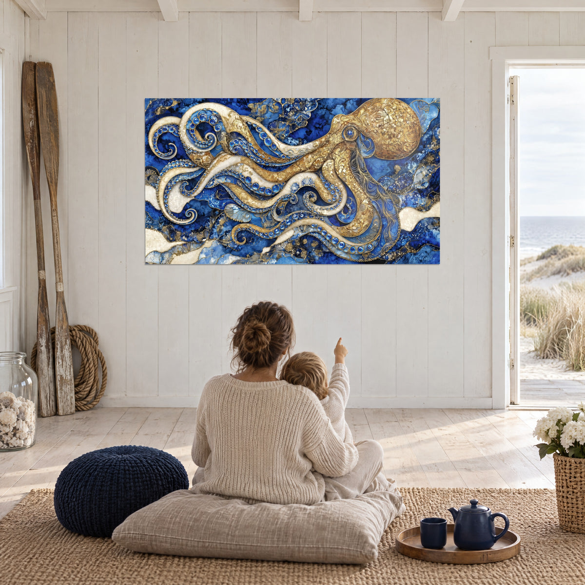 Schilderij zeemonster met gouden krullen en ivoren tentakels op kobaltblauw, een moeder en kind zittend op een kussen in een witte woonkamer