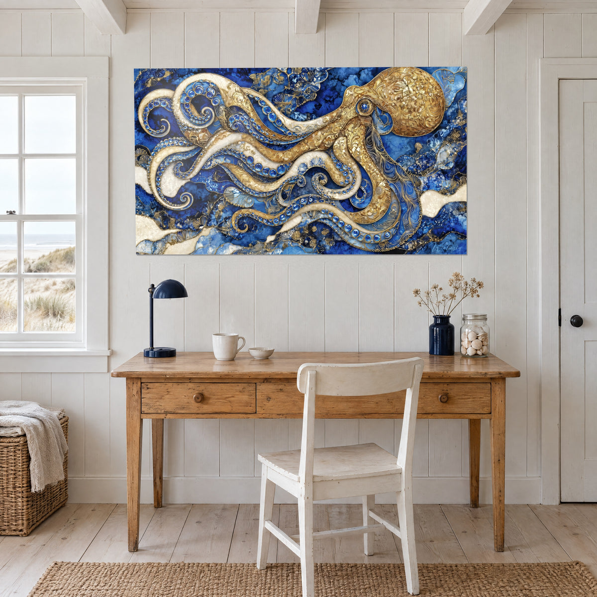 Schilderij octopus met goud filigraan op indigo en parelmoerachtig crème, boven een licht houten bureau met marineblauwe lamp