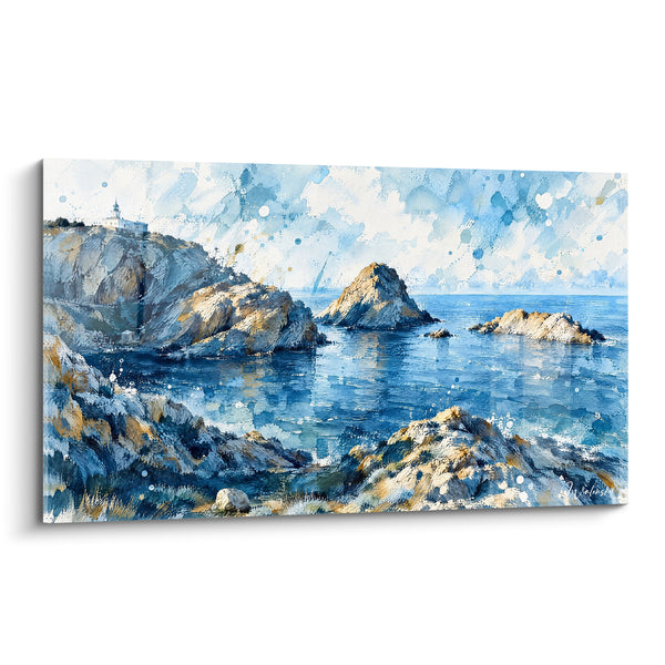 Tableau Côte rocheuse bleu et ocre avec phare - Veille sur la crique - Edition L'Île-Rousse Corse France
