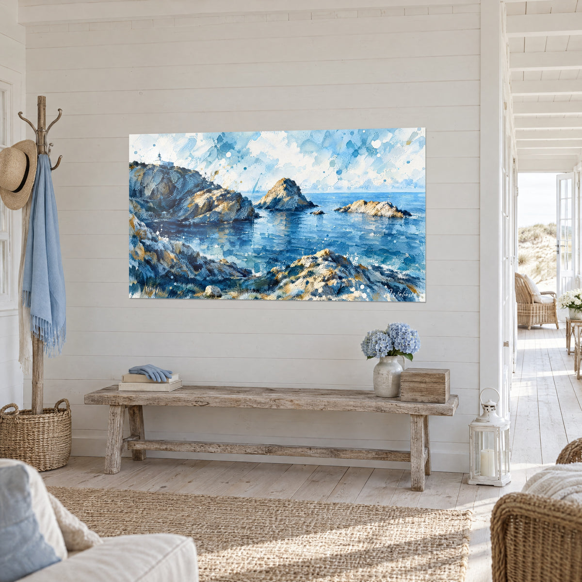 Quadro di cala corsa ad acquerello, isolotti ocra dorati su acqua blu profondo, faro bianco in alto, vista di tre quarti da L'Île-Rousse