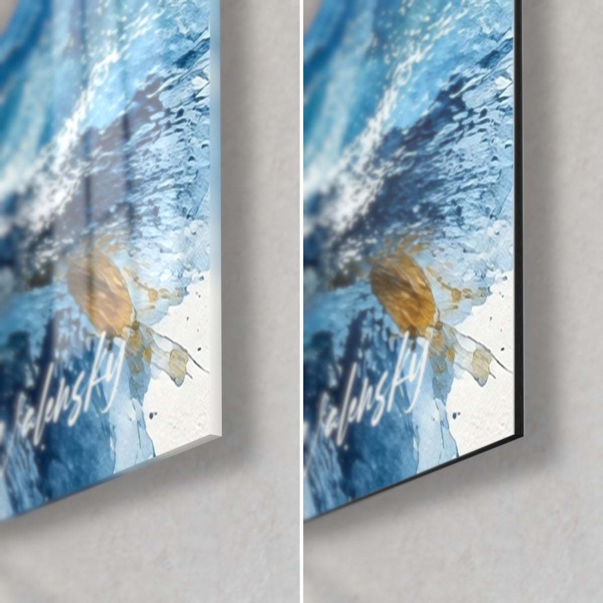 Quadro di falesia con riflessi blu ghiacciaio e ocra, angolo in basso a destra: vetro acrilico lucido a sinistra, Dibond opaco a destra