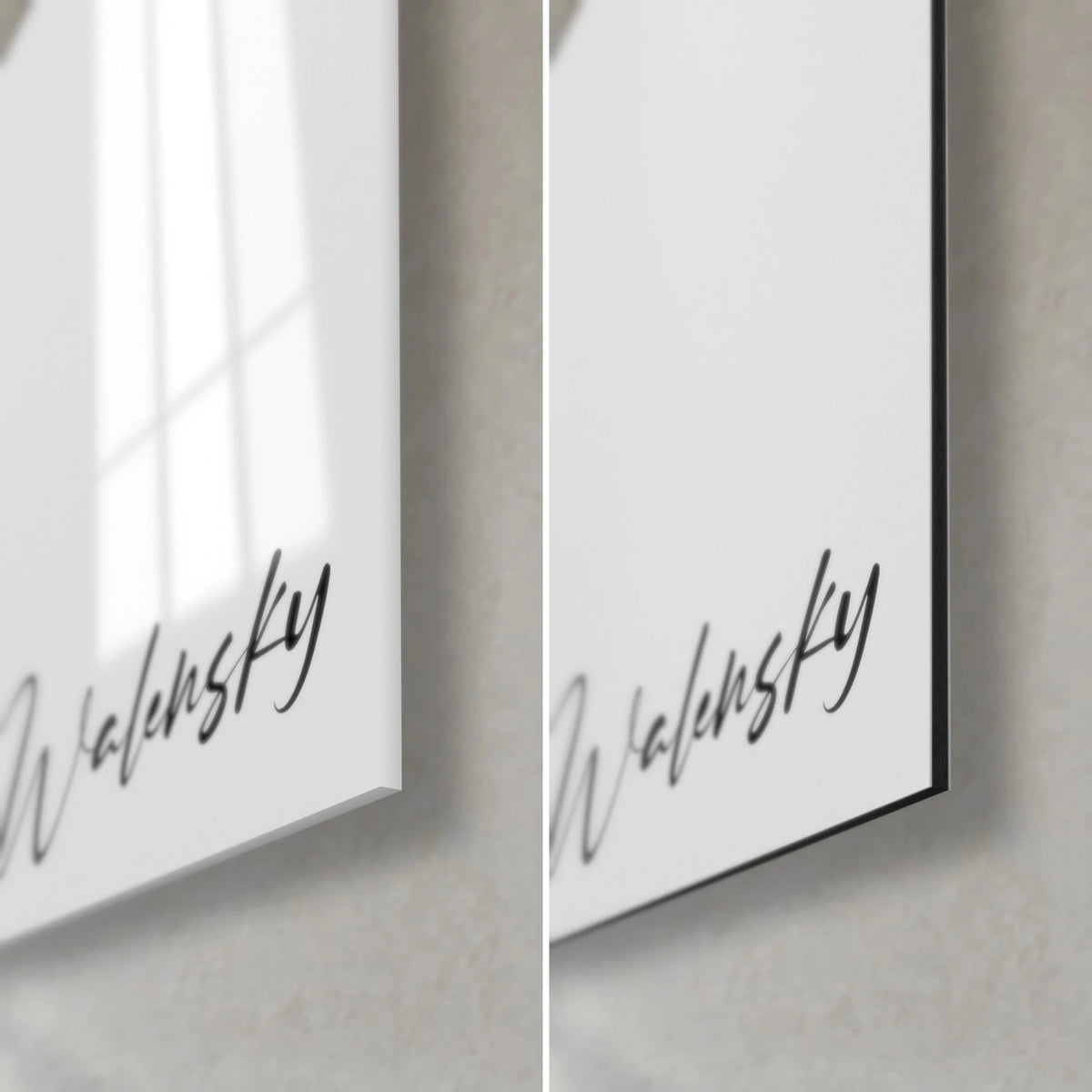 Wall art with a black ink arc on white, bottom right corner, Walensky signature, glossy acrylic glass on the left, matte black Dibond on the right