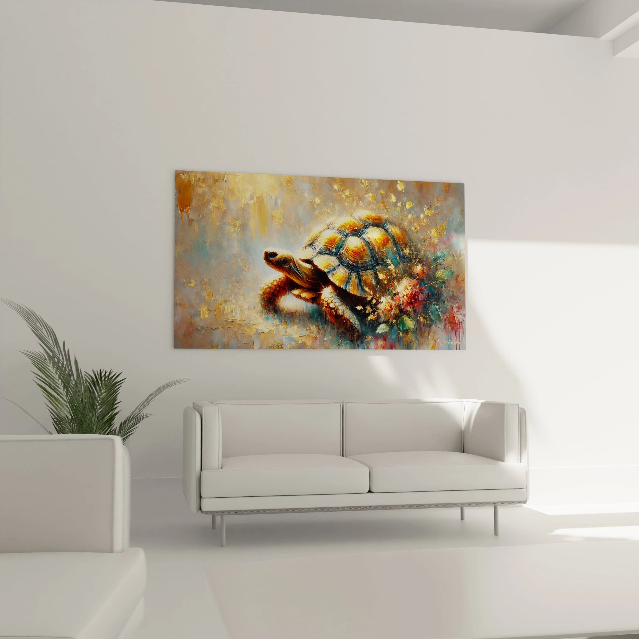 Ce tableau tortue terrestre placé au-dessus du canapé dans le salon devient un véritable point focal. Son design élégant et naturel s'intègre harmonieusement dans un intérieur chaleureux.

