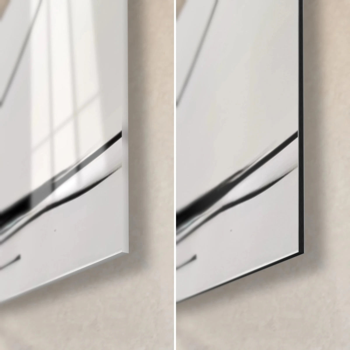 Gemälde stilisierte Dame in schwarzen Linien, untere rechte Ecke: glänzendes Acrylglas mit Reflexen, mattweißes Alu-Dibond, 3 mm Kante