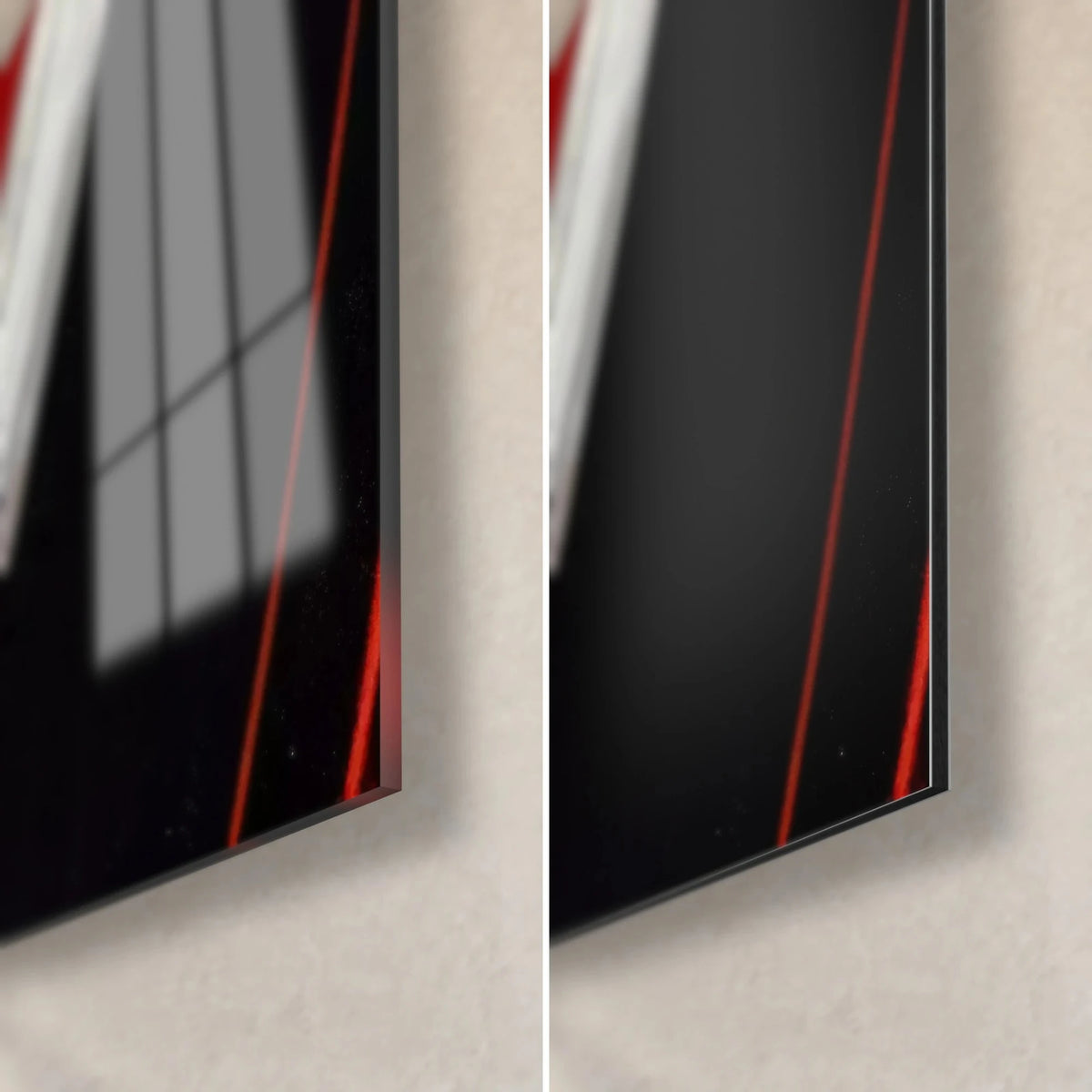 Tableau dame en rouge et noir, coin bas droit : verre acrylique brillant à gauche, Dibond mat à droite, tranche de 3 mm