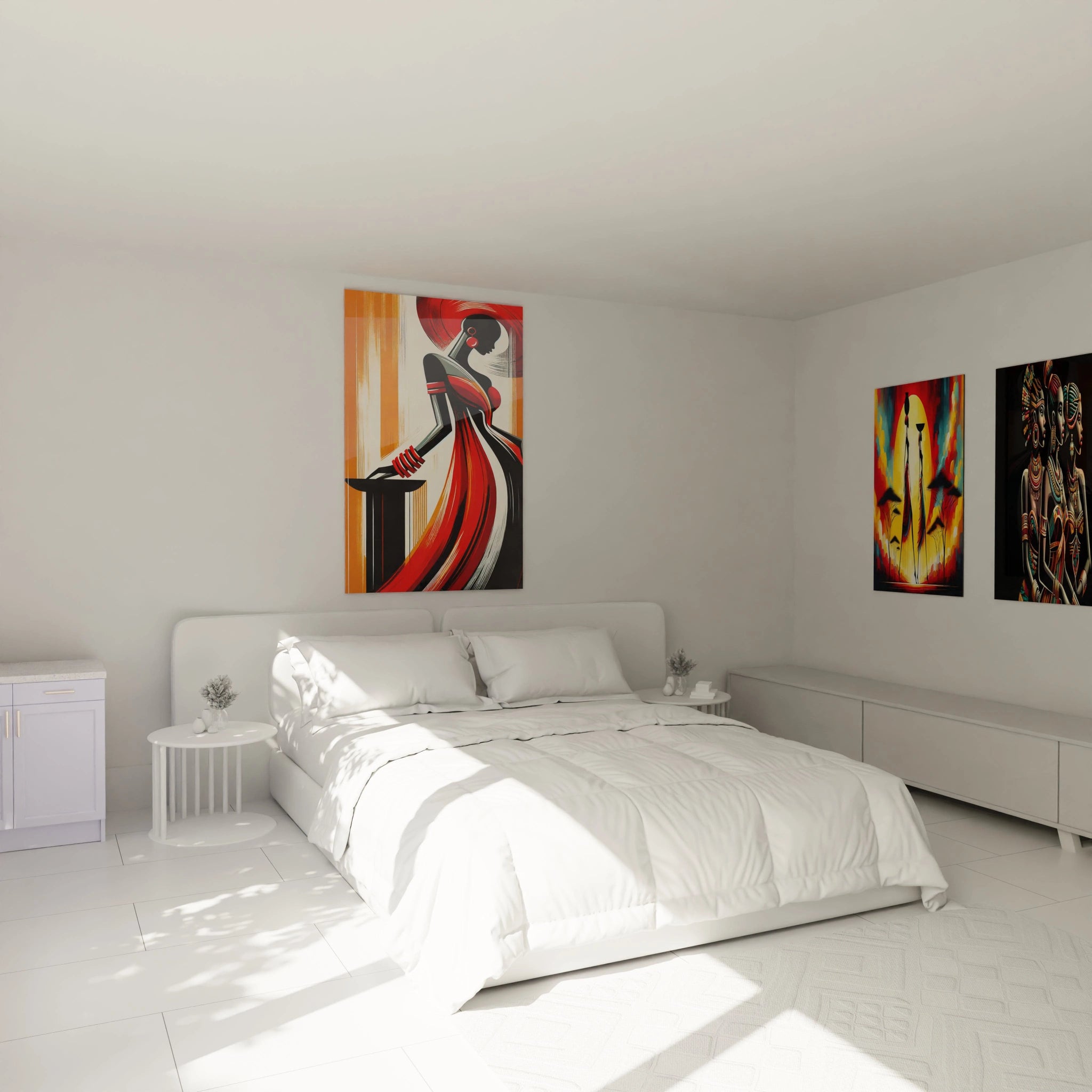 Accroché au-dessus du lit, ce tableau africain offre une ambiance chaleureuse avec sa palette de couleurs audacieuses, symbolisant la puissance et l’élégance de la femme africaine.

