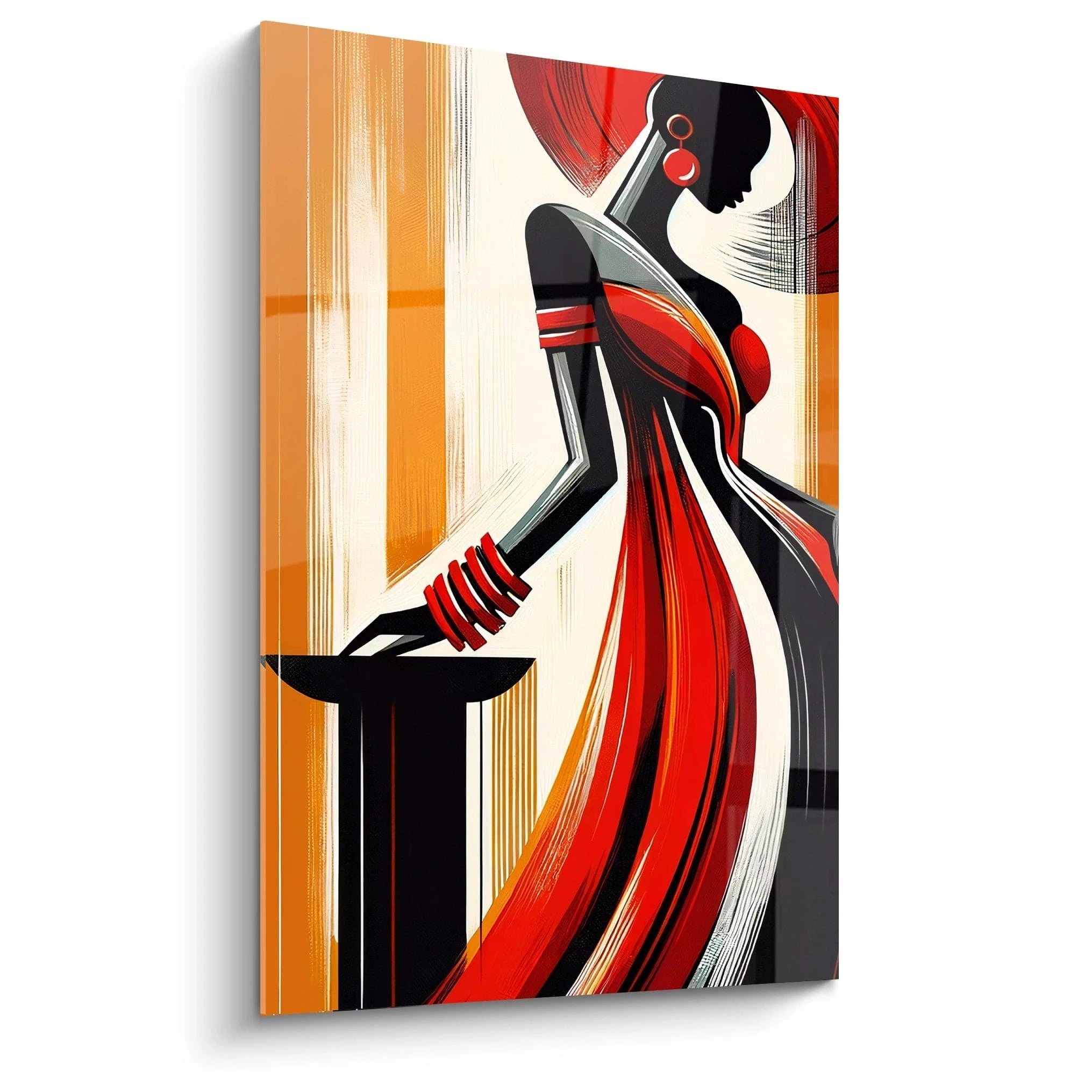 Ce tableau africain vibrant présente une silhouette majestueuse de femme, avec des tons rouges, noirs et oranges qui captent la lumière et l’énergie de l’Afrique.

