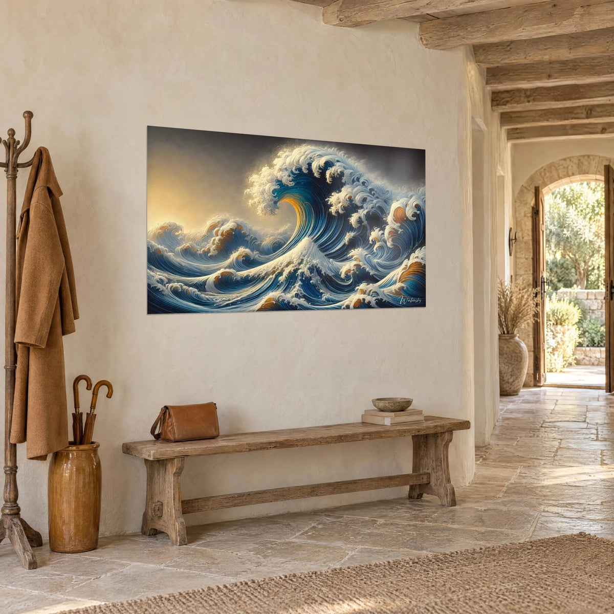 Wall art large swelling wave with indigo spirals, ivory crest of foam and golden glow, on a stone wall beside a rustic bench