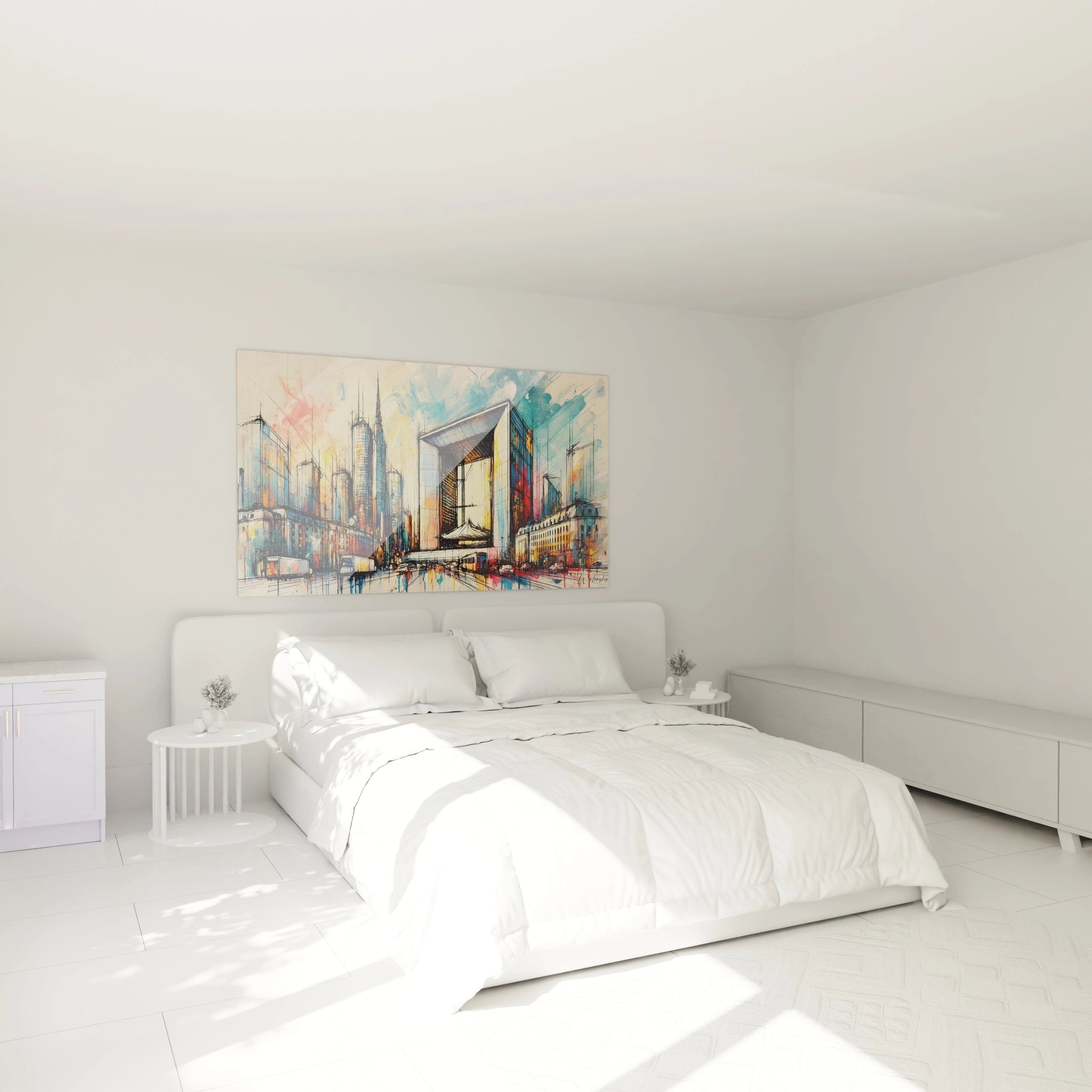 tableau La Défense accroché dans une chambre illumine l’espace avec ses reflets dorés et bleus. Il apporte une touche urbaine élégante au-dessus du lit, parfait pour une ambiance contemporaine.

