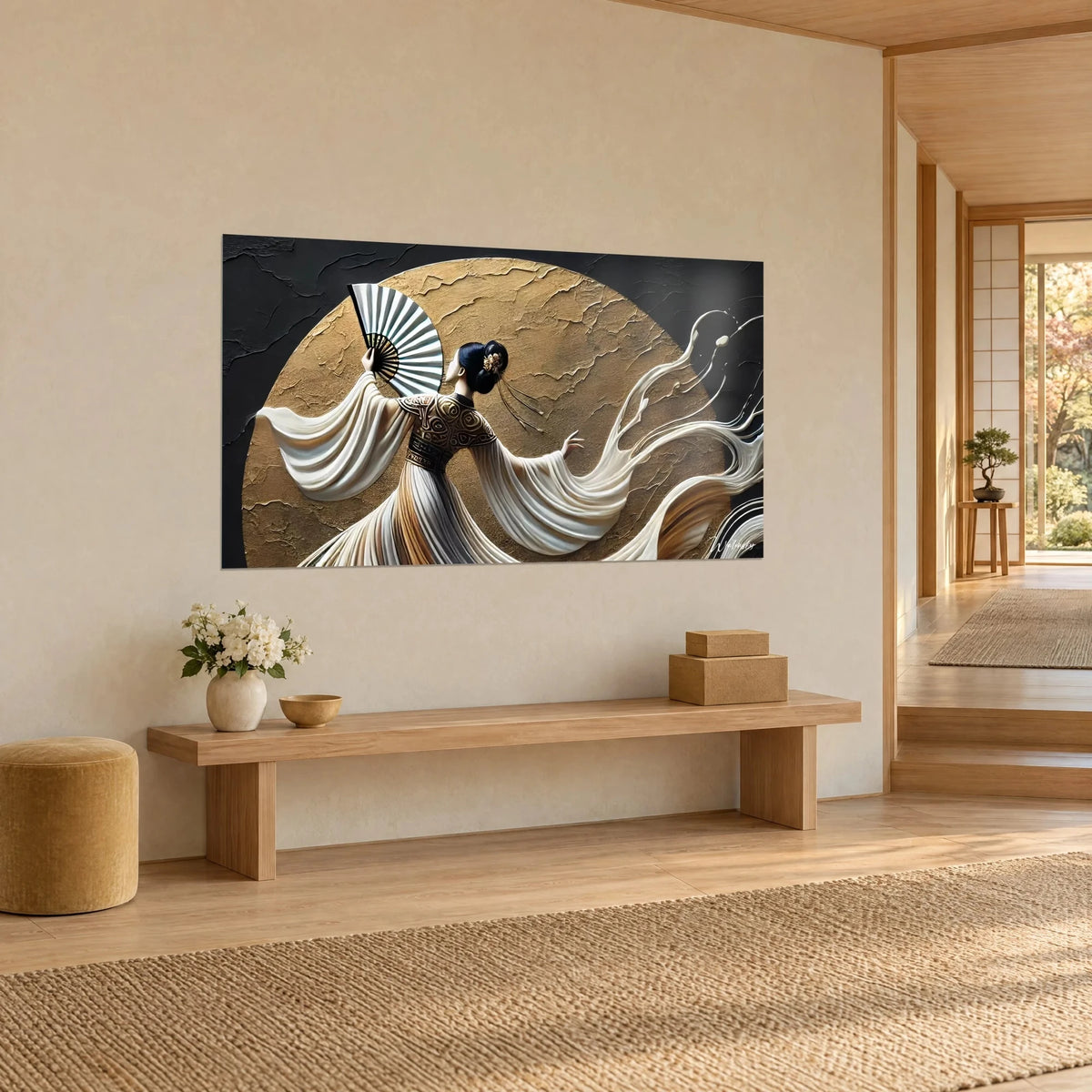Wall art geisha seen from behind holding a mother-of-pearl fan, flowing cream silk and a cracked golden moon, beige wall, light wood bench