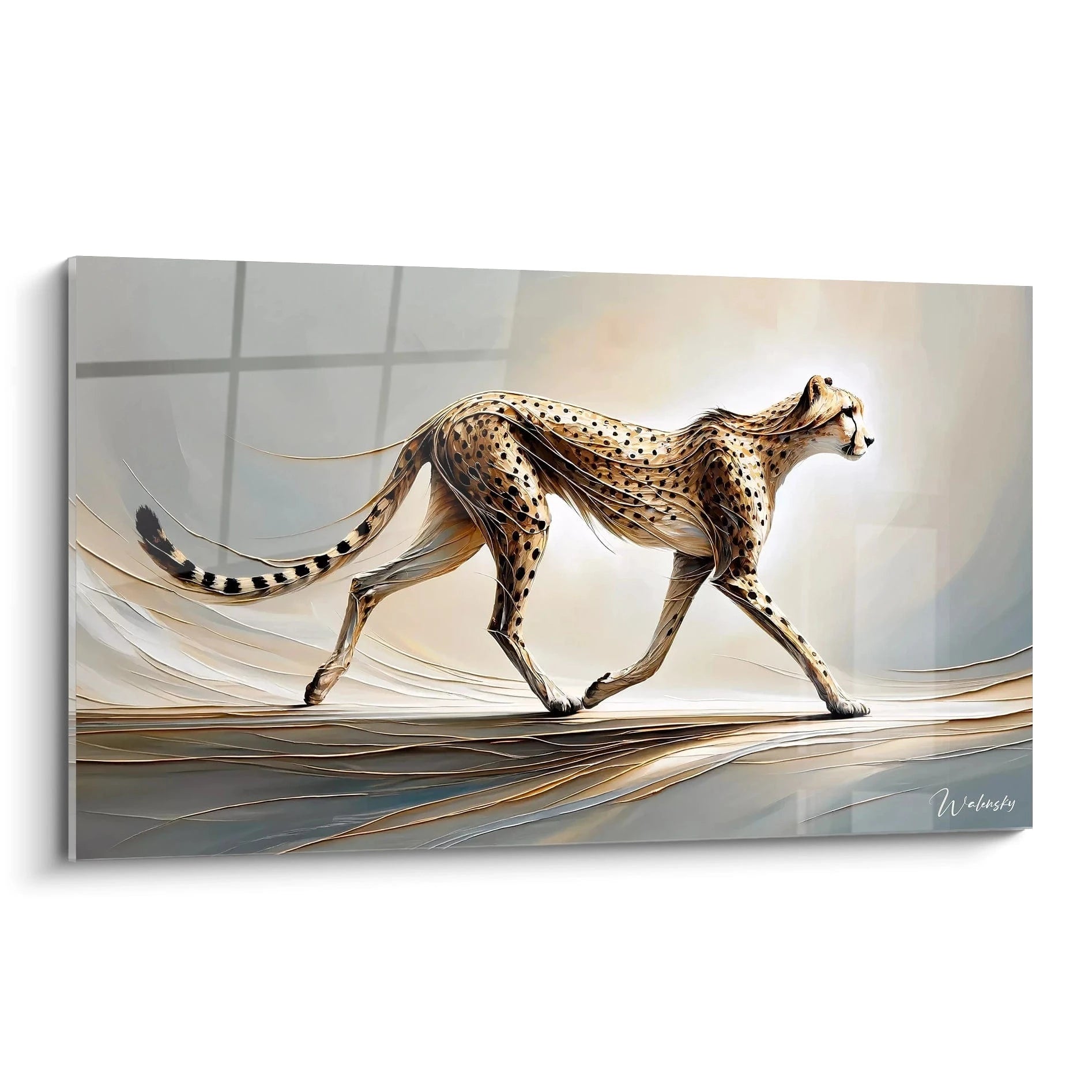 tableau guepard contemporain capture l elegance et la rapidite de ce felin. L abstraction des lignes et textures rend hommage a sa vitesse naturelle. Vue en biais pour admirer chaque detail

