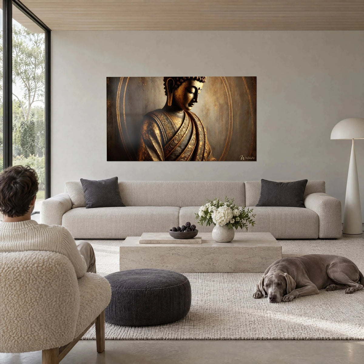 Gemälde goldener Buddha mit geschlossenen Augen, rissige ockerfarbene Robe auf bronzenem Grund, über einem Sofa in einem lichtdurchfluteten Wohnzimmer