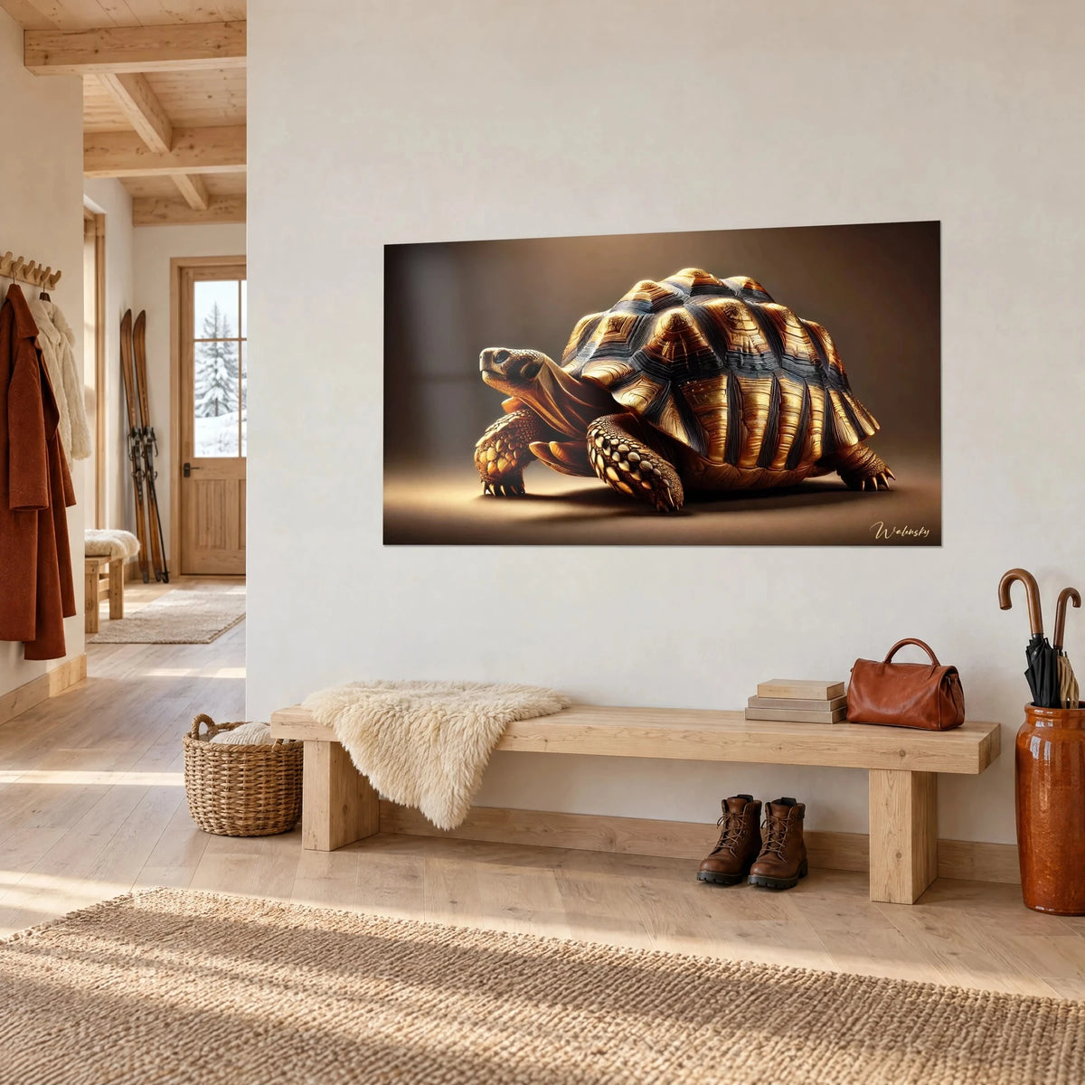 Schilderij van een gepantserd reptiel met koperkleurige schubben op bruine achtergrond, hangend boven een houten bank in een chalethal