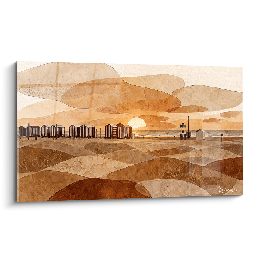 Painting Beach Cabins in Ochre and Brown at Sunset - Coastal Evening's End - La Panne Edition, Flanders Region, Belgium