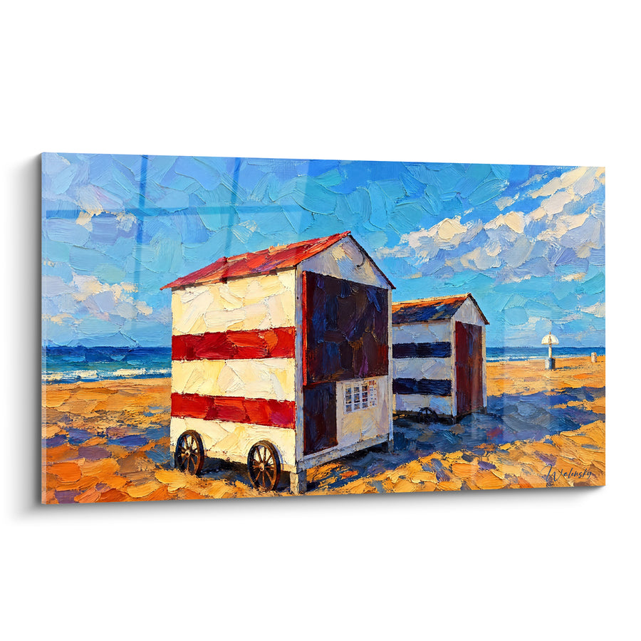 Painting Red and White Beach Cabins on Wheels - Seaside Souvenir - La Panne Edition Flemish Region Belgium