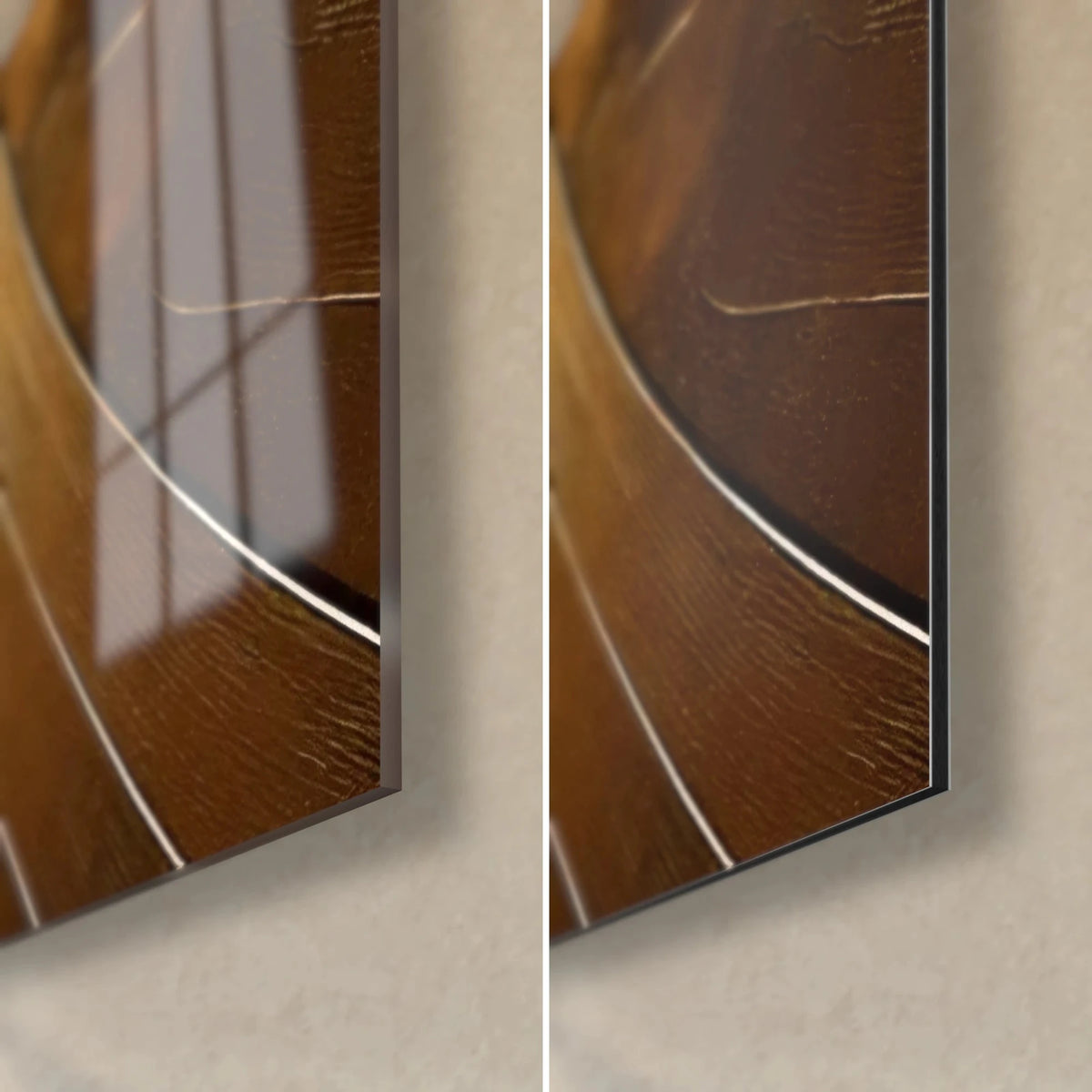 Cuadro mujer portadora de cuenco en silueta negra, esquina inferior derecha: cristal brillante con reflejos y Dibond mate bronceado, grosor de 3 mm