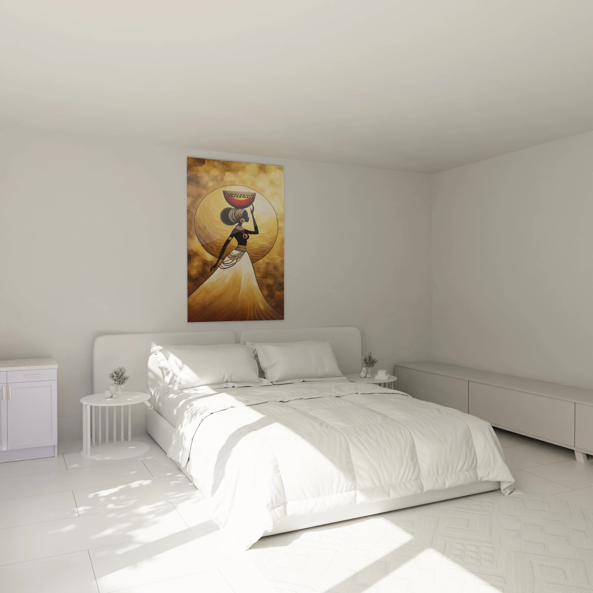 Tableau africain au-dessus d'un lit, dans une chambre apaisante. Une femme au panier est éclairée par un fond doré vibrant, offrant élégance et sérénité à l'espace.
