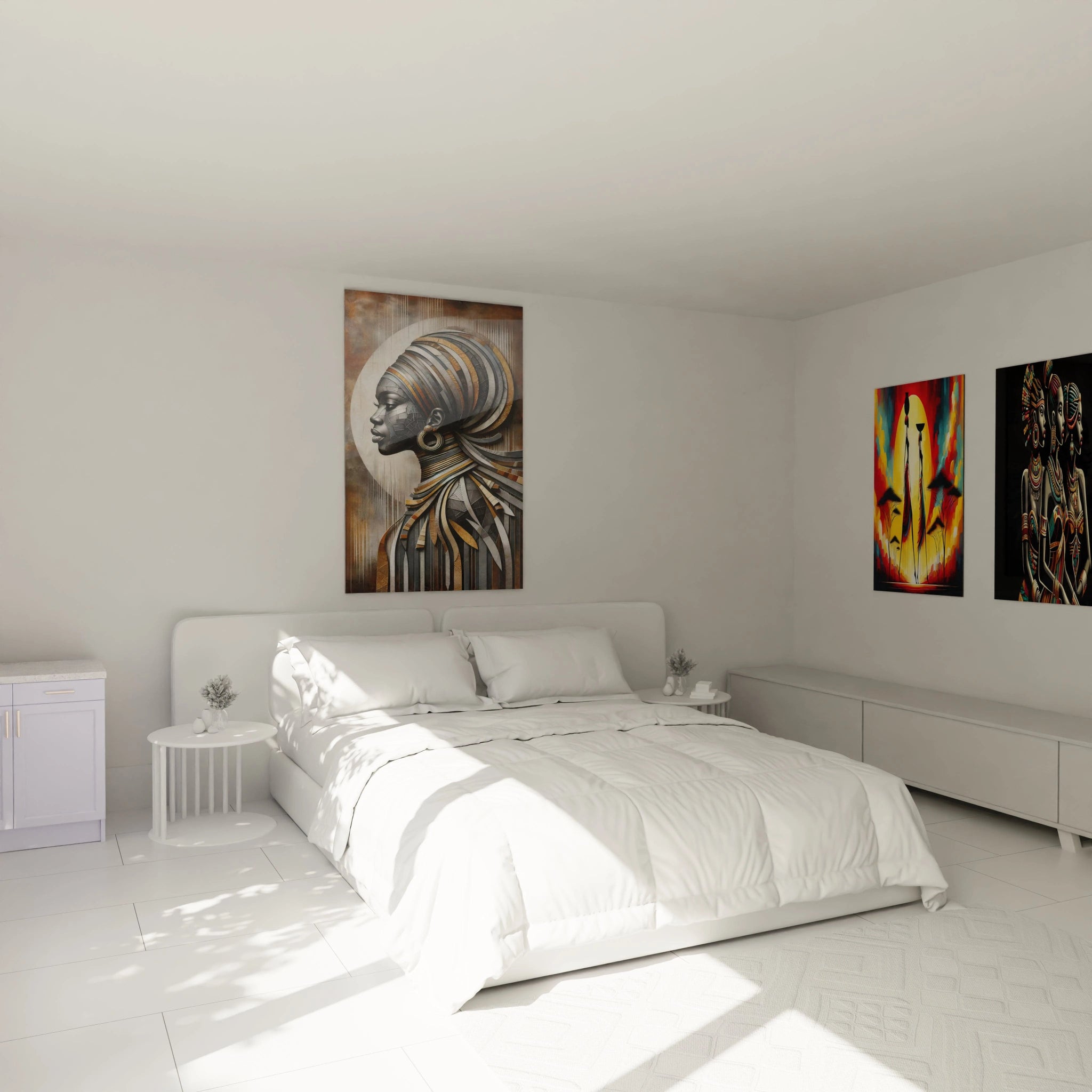 Ce tableau africain, accroché au-dessus du lit, ajoute une touche d'élégance moderne à la chambre. Les motifs superposés en or et bronze créent une atmosphère apaisante et sophistiquée.

