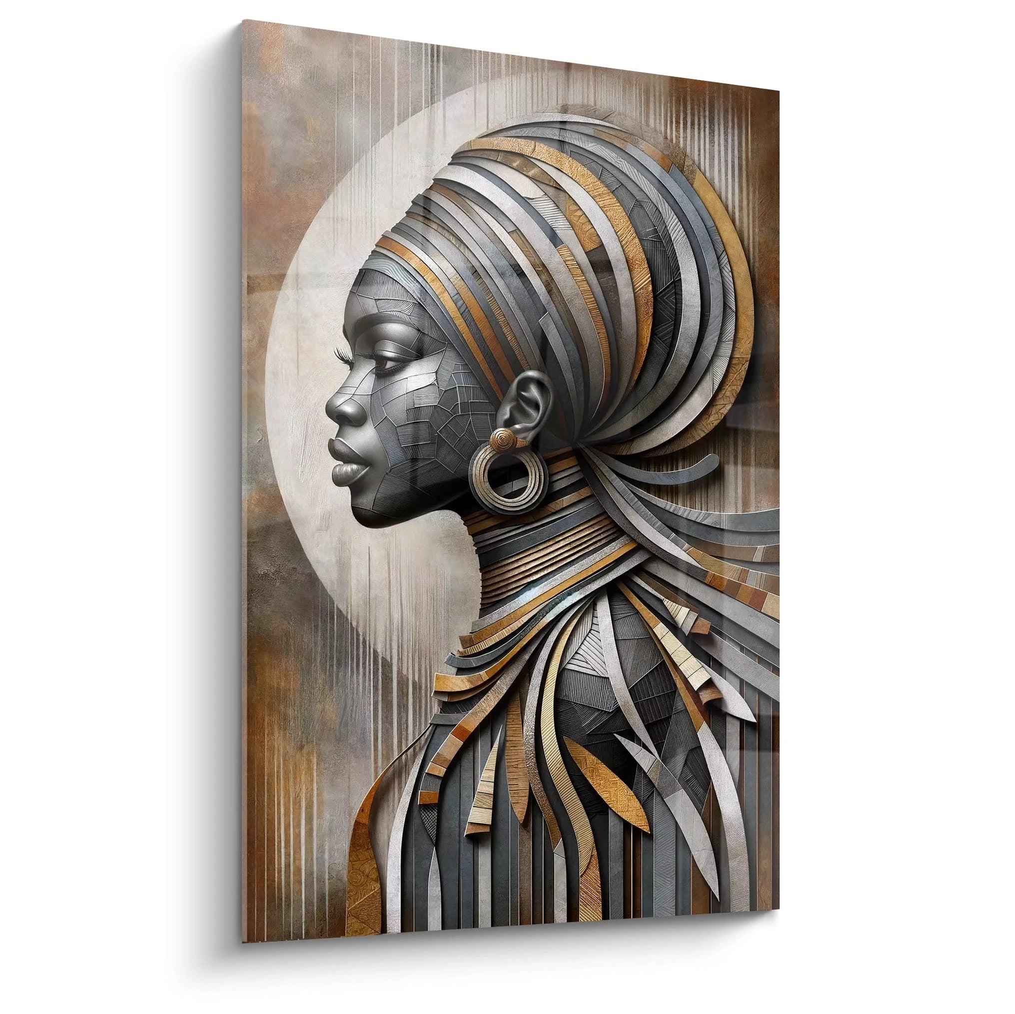 Le tableau africain vu de biais révèle ses couches métalliques texturées en gris, bronze et or, capturant la fusion entre tradition et modernité avec des formes circulaires entrelacées.

