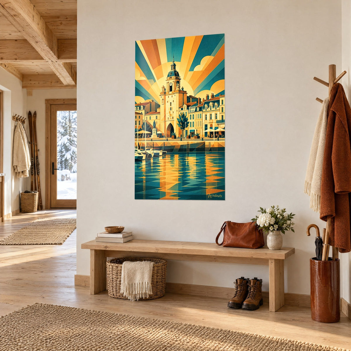 Tableau beffroi crème sous des rayons ocre et turquoise, reflets en losanges dans l'eau du port, vue de trois-quarts dans l'entrée d'un chalet