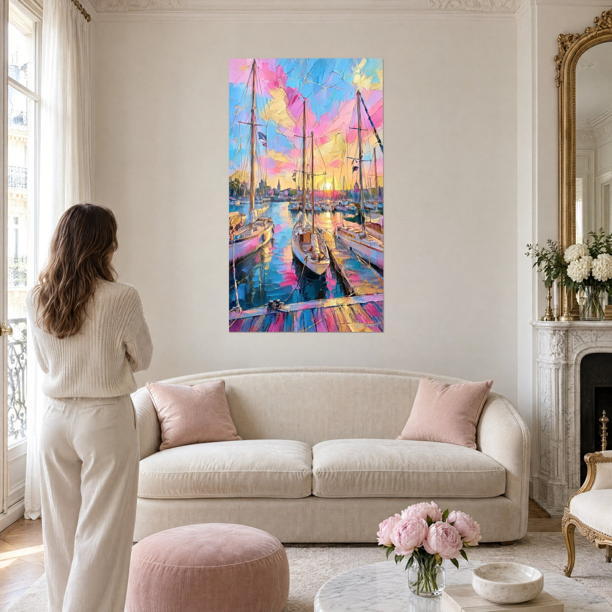 Wall art sailboats at dusk, golden masts and pink and blue sky, a woman seen from behind above a sofa in a bright living room