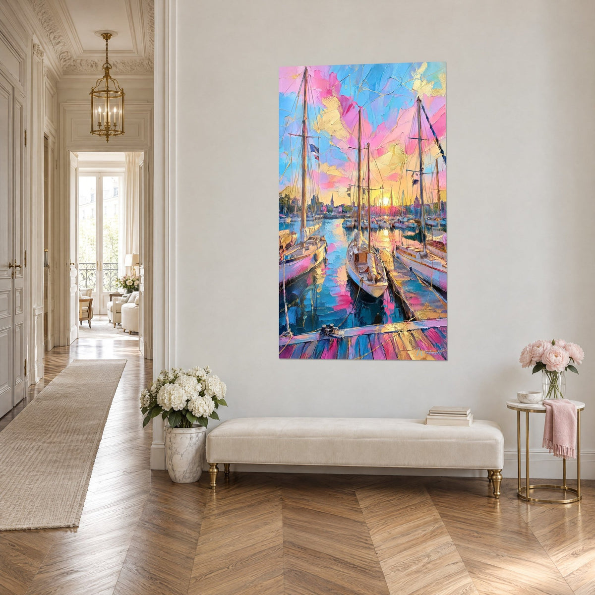 Wall art old harbour with white hulls, pink reflections on turquoise water, three-quarter view in a Haussmann-style hallway
