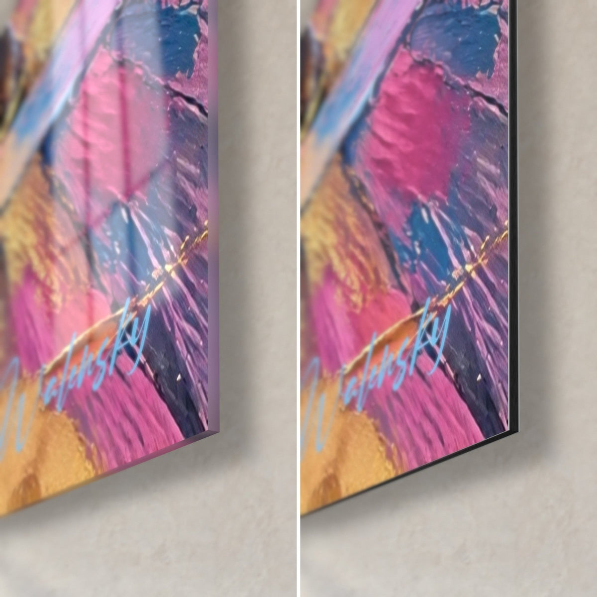 Wall art sailboats in thick pink and blue impasto, bottom right corner: glossy glass on the left, matte Dibond on the right, 3 mm edge