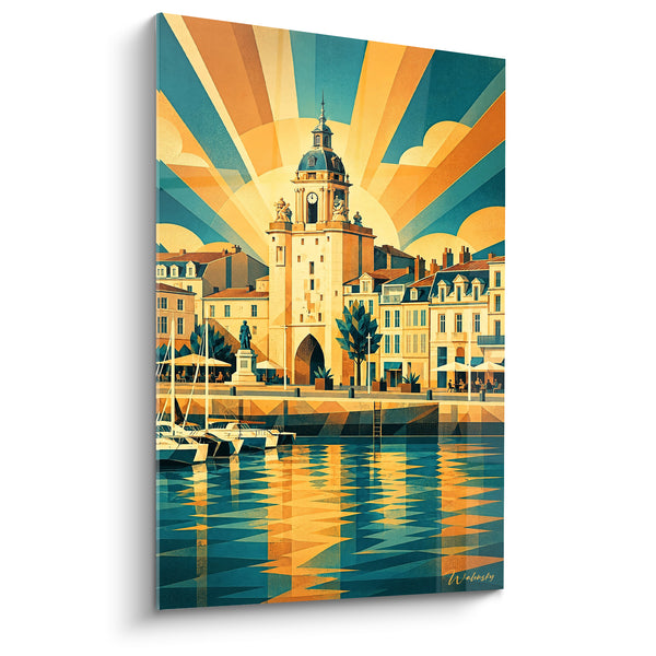 Tableau Tour de l'horloge orange et bleu sarcelle - Rayons du soir - Edition La Rochelle  Nouvelle-Aquitaine  France