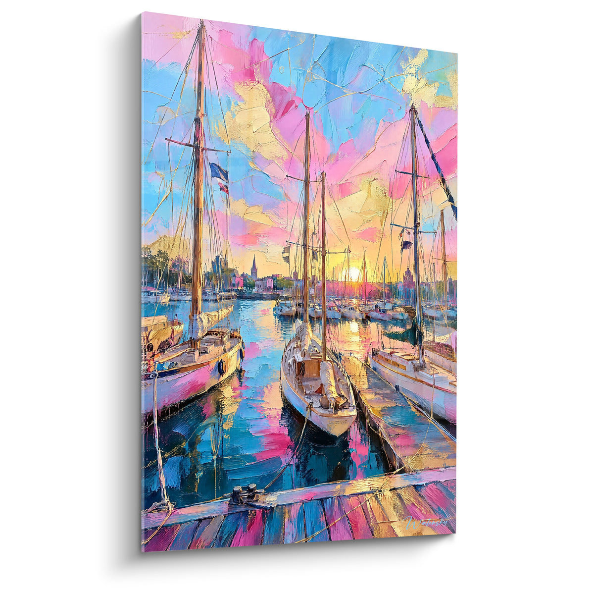 Wall art white sailboats moored in the Old Harbour of La Rochelle under a pink and golden sunset sky