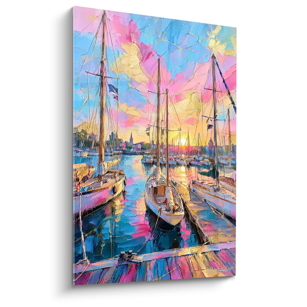 Painting Old Port sailboats pink and blue - Dusk on the docks - La Rochelle Edition Nouvelle-Aquitaine France