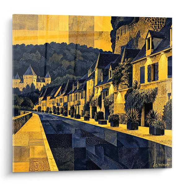 Tableau Village au bord de falaise doré et bleu nuit - Flânerie au crépuscule - Edition La Roque-Gageac Nouvelle-Aquitaine France
