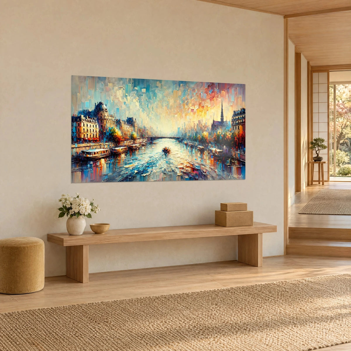Wall art Parisian quays in thick impasto, church dome and spire, ochre and midnight-blue facades, distant bridge, beige Japandi wall