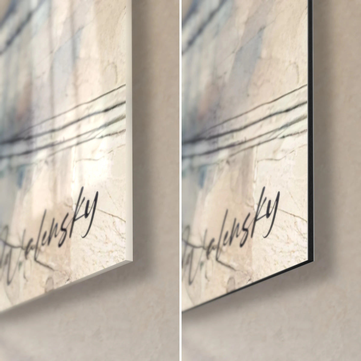 Wall art watercolour Seine, bottom right corner: glossy acrylic glass on the left, matte black Dibond aluminium on the right, Walensky signature