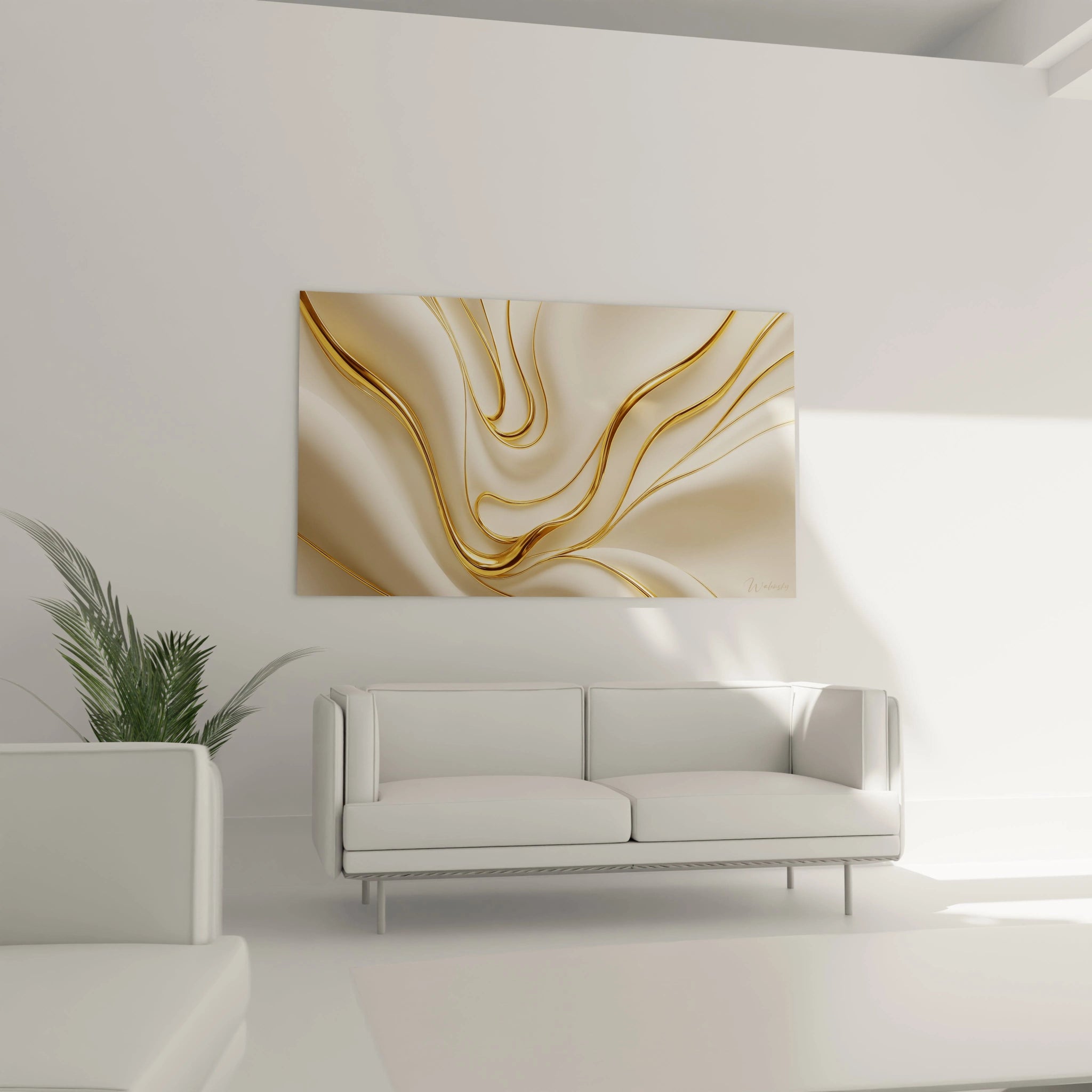 Un tableau abstrait aux formes organiques dorées en relief, disposées en vagues fluides sur un fond beige soyeux, créant une composition élégante où la lumière se reflète sur les courbes métalliques sculptées.
