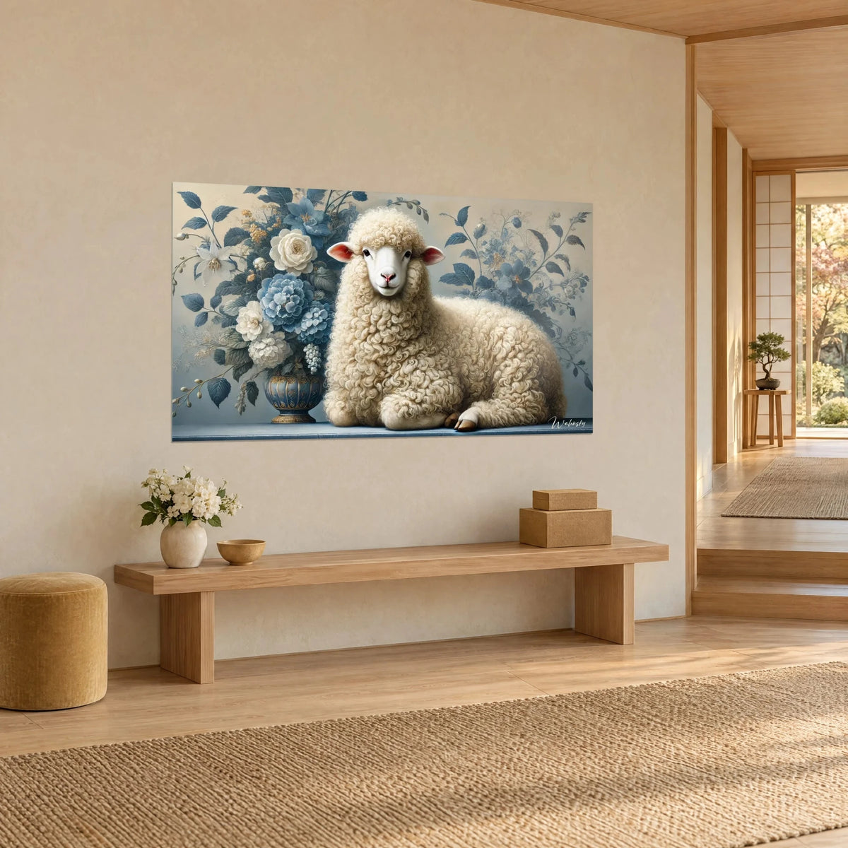 Gemälde Schaf mit elfenbeinfarbenem Lockenfell, rosa Ohren und weißen Pfingstrosen auf puderblauem Hintergrund, beige Wand, Holzbank