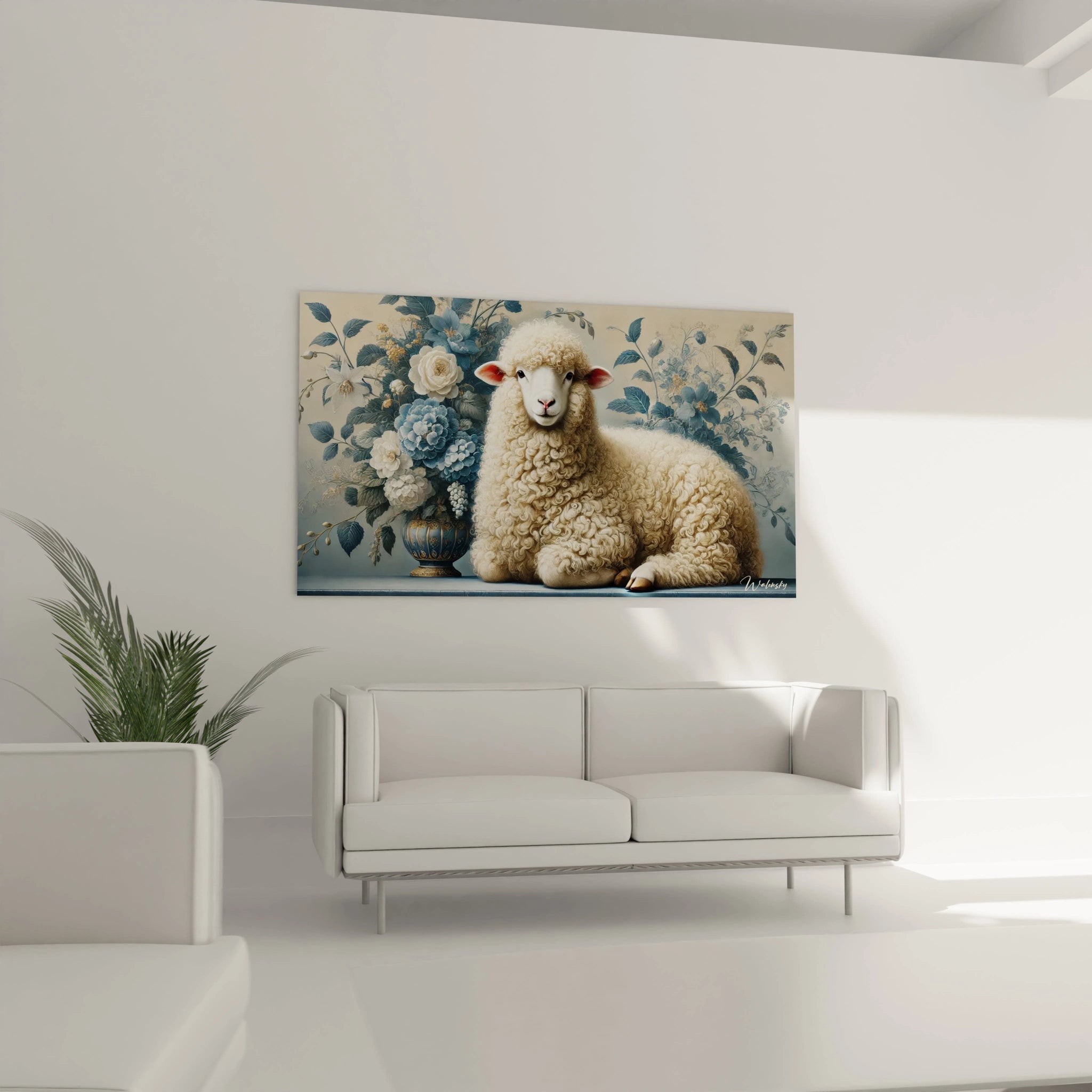 Sublimez votre salon avec ce tableau mouton accroché au dessus du canapé. Sa composition florale et ses couleurs douces de blanc et beige apportent élégance et sérénité à l espace.

