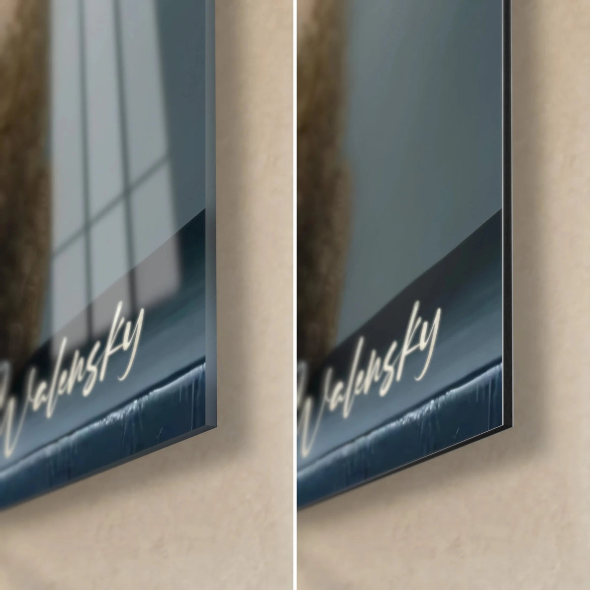 Gemälde Schaf mit cremefarbenem Lockenfell, untere rechte Ecke: glänzendes Acrylglas links, matartiges Dibond-Aluminium rechts, 3 mm Kante