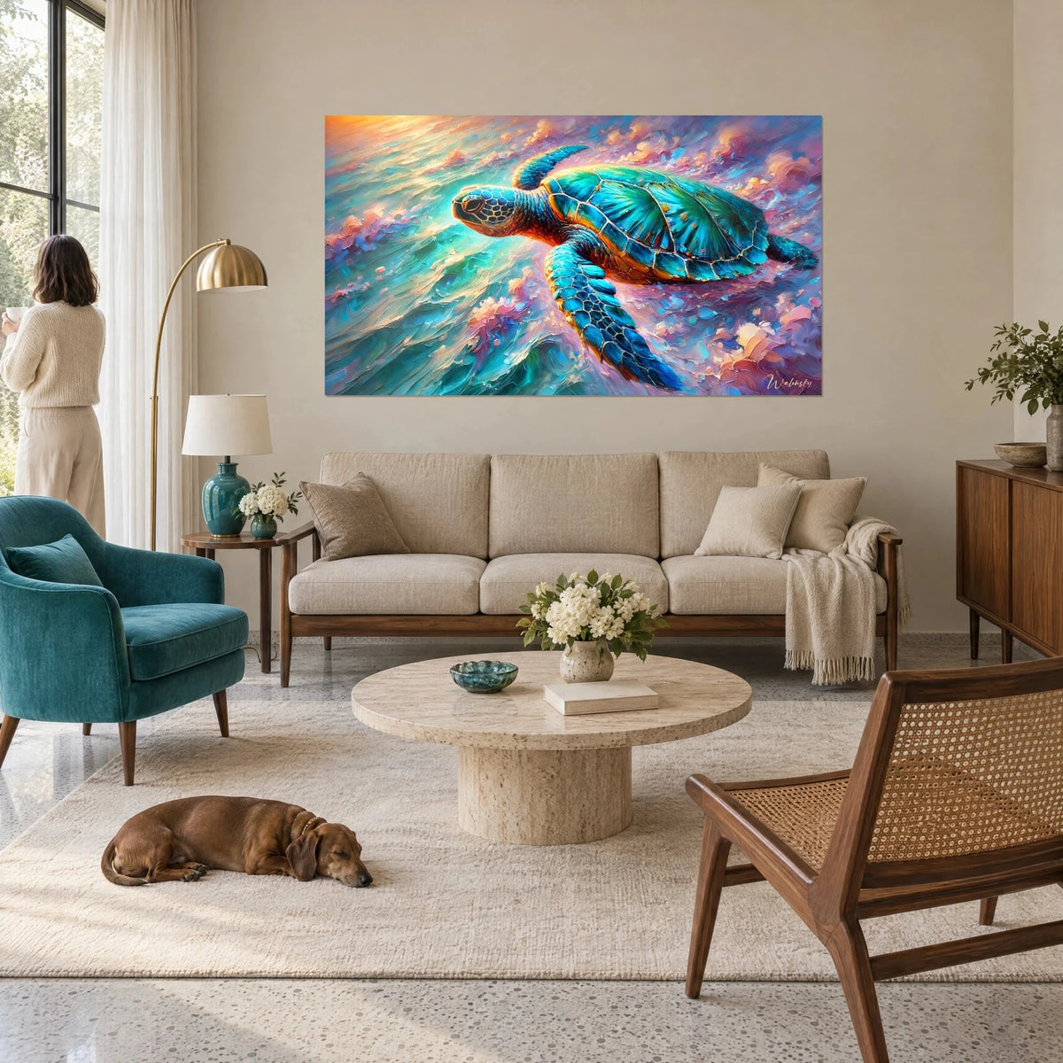 Wall art sea turtle with turquoise and copper scales floating over pink and gold waves, above a sofa in a bright living room