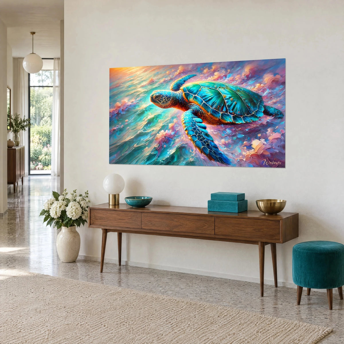 Wall art sea reptile with an emerald green shell swimming through violet and orange foam, three-quarter view in a bright hallway